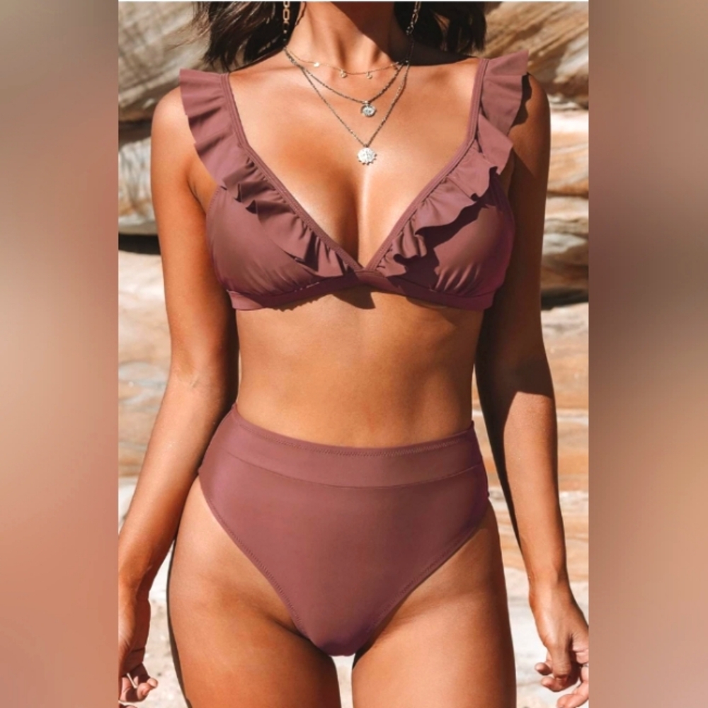 CUPSHE Women Brown Ruffle Bikini Set